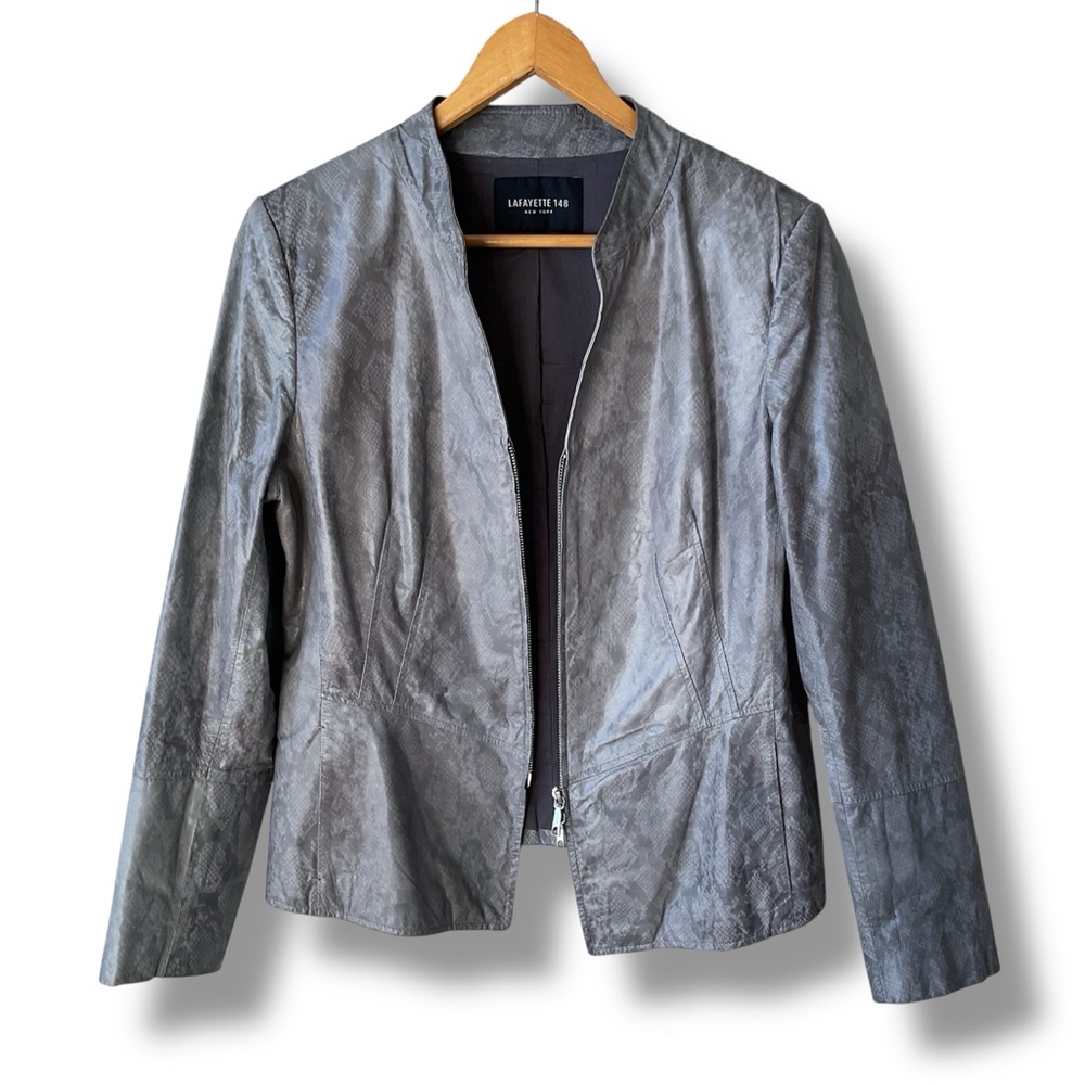 Lafayette 148 New York Zip Front Grey Python Print Leather Jacket Size 12